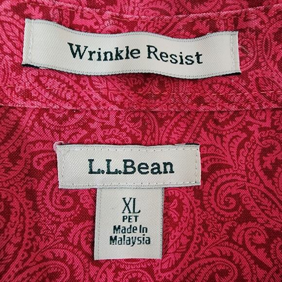 LL Bean Womens Wrinkle Resist Pleated Shirt XL Petite Paisley Hidden Button Pink - Picture 10 of 13